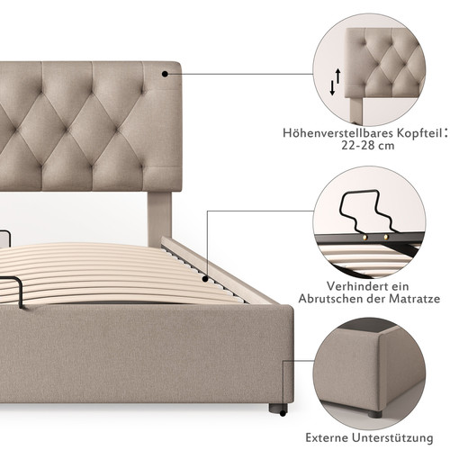 Literie de relaxation Lit double avec sommier, tête de lit confortable et réglable avec rangement Blanc cassé 140x200 cm