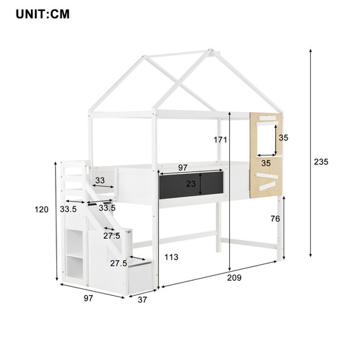 Sweiko Lit de maison lit d'enfant avec escalier et fenêtre escalier avec 3 tiroirs Lit superposé blanc 200x90 cm