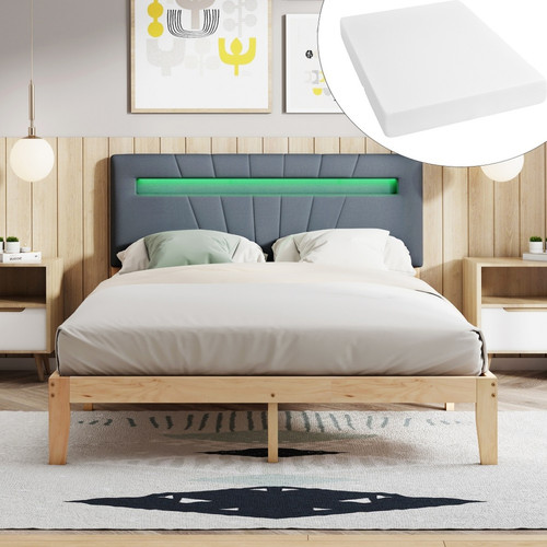 Sweiko - Cadre de lit Plateforme bois, lit adulte avec tête de lit rembourrée en 7 couleurs avec bande LED- Naturel 140x200 cm Avec matelas - Literie de relaxation