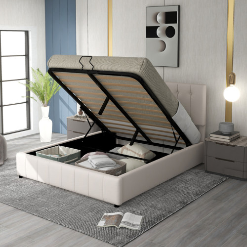 Sweiko - Lit double 140x200 cm lit avec rangement de lit à élévation hydraulique, tête de lit rembourrée réglable en hauteur Blanc crème Sweiko  - Lits d'appoint