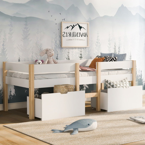 Sweiko - Lit cabane Lit d'enfant avec protection contre les chutes pin massif Lit 90x200 cm blanc & chêne Sweiko  - Chambre bébé