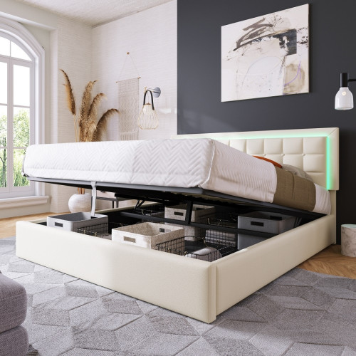 Sweiko - Lit LED adulte Lit coffre Cadre de lit avec espace de rangement  Lit simple 140x200 cm Blanc Sweiko   - Literie