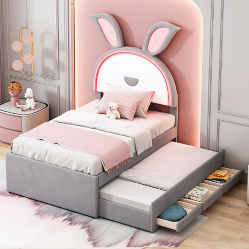 Sweiko - Lit enfant Lit 90 x 200 cm velours canapé-lit avec lit gigogne tiroir de rangement et lumière LED gris Sweiko  - Meuble rangement Enfant Chambre Enfant