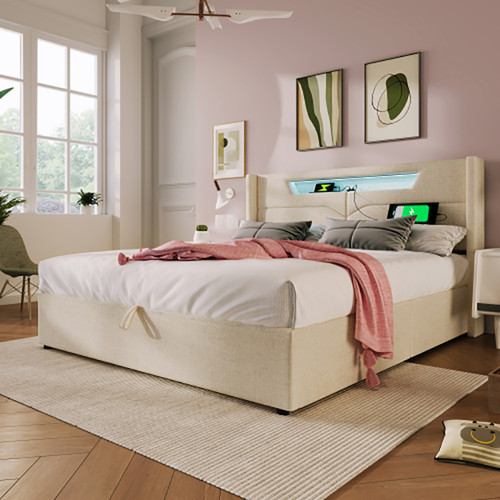 Sweiko Lit adulte capitonné Tête de lit haute Design moderne 140x200 cm, lin gris (avec matelas à ressorts)