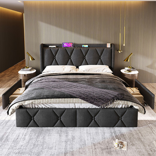 Cadres de lit Lit adulte capitonné Tête de lit haute Design moderne 140x200 cm, lin bleu (avec matelas à ressorts)