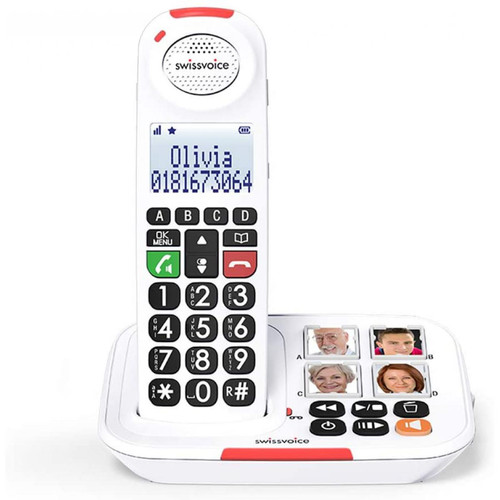 Swissvoice - telephone sans fil pour les séniors avec 4 photos mémoires et énoncé vocal du nom de l'appelant et Répondeur intégré blanc - Téléphone fixe-répondeur