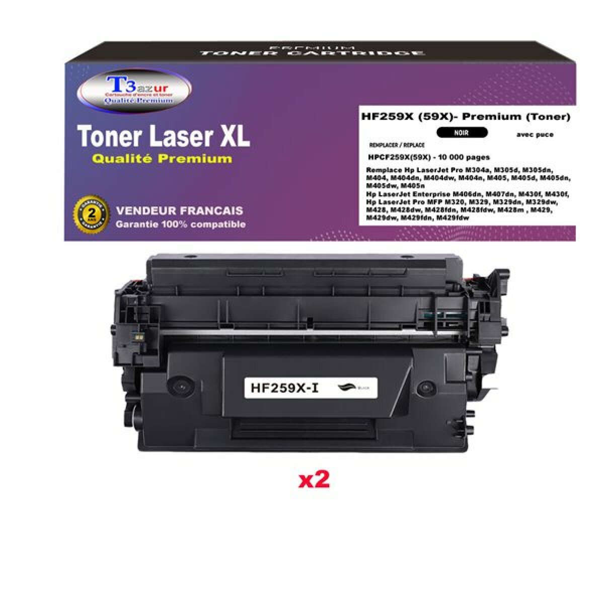 T3AZUR- Lot de 2 Toners compatibles avec HP LaserJet Pro MFP M428, M428dw, M428fdn, M428fdw, M428m remplace (59X) Noir