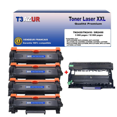 T3Azur - Kit Tambour+4 Toners compatibles avec Brother TN2420, DR2400 pour Brother DCP-L2510D, L2512D, L2550DN, L2530DW, L2537DW - 3 000 pages - T3AZUR T3Azur  - Cartouche, Toner et Papier