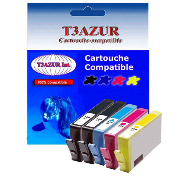 Cartouche d'encre T3Azur Lot de 5 Cartouches compatibles pour imprimante HP Deskjet 3520 e-All-in-One  (2Bk+1C+1M+1J)- T3AZUR