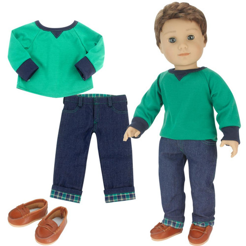 Teamson Kids - Sophia’s 3 PCS 18 "Boy Doll Green Top & Jeans Tentime avec des chaussures de poule à poupées Teamson Kids  - Poupées & Poupons Teamson Kids
