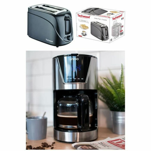 Techwood - Cafetière Machine à café Programmable Inox 1.5L 900W + Grille pain 2 Fentes 700W Ejection automatique ou manuel - Set petit-déjeuner