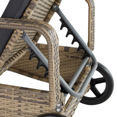 Transats, chaises longues Bain de soleil métal 6 positions avec roulettes - marron naturel/gris foncé