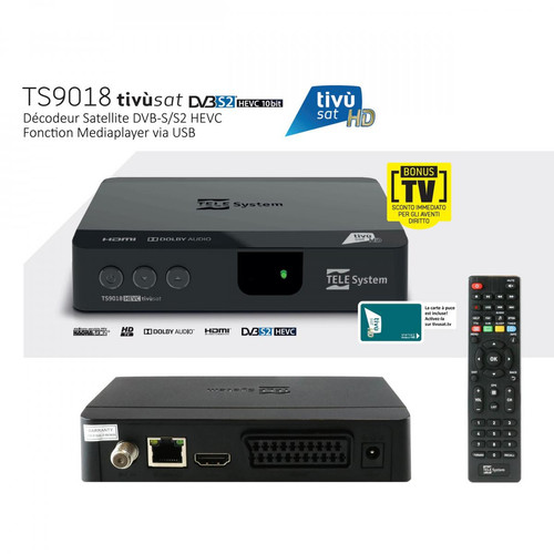 Telesystem - Pack Tivùsat Récepteur satellite, Décodeur Tivùsat HD - TELE System TS9018HEVC + Carte Tivùsat HD Activation Comprise - DVB-S / S2 HD, Classique 10 bits, HD 1080p, plus de 50 chaînes Tivùsat HD Telesystem  - Adaptateur TNT