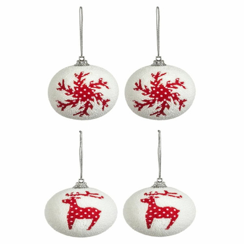 Toilinux - 4 Boules de Noël design flocon et renne Jeanne - Rouge et blanc Toilinux  - Boule de Noël Décorations de Noël