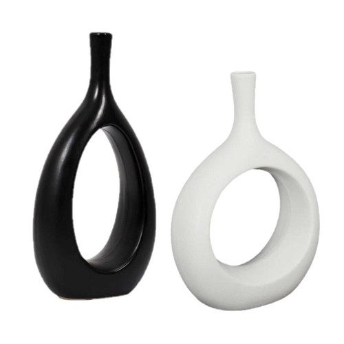 Toilinux - Lot de 2 vases Curve creux - Blanc et Noir - Vases