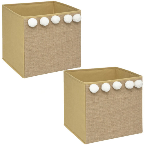 Toilinux - Lot de 2 Boîtes de rangement enfant avec 5 Pompons - L. 29 x l. 29 cm - Marron et Blanc Toilinux  - Meuble rangement jouet Maison