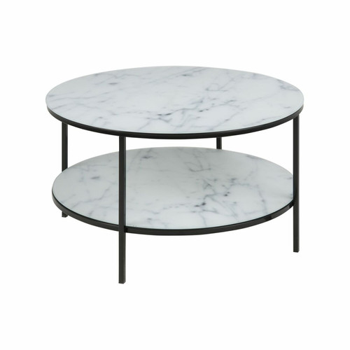 Toilinux - Table basse ronde effet marbre en verre et métal 2 niveaux - L.80 cm x H. 45 cm - Noir et blanc Toilinux  - Table basse ronde en verre