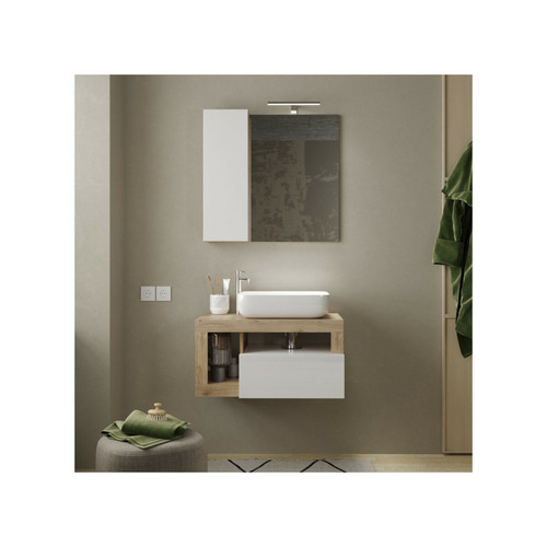 Tousmesmeubles - Meuble sous-vasque suspendu 79 cm Chêne naturel + vasque - ISCHIA - meuble bas salle de bain Design