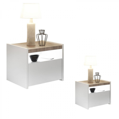 Tousmesmeubles - Duo de Tables de chevet Blanc/Noyer clair - ANIECE - Chevet Design