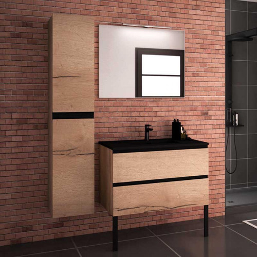 Tousmesmeubles - Ensemble meubles salle de bain 90 cm Chêne brut + vasque + miroir + colonne - BADEN - Salle de bain, toilettes Bois fonce