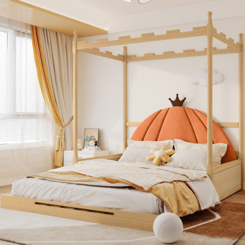 Universal - Lit escamotable en bois, lit double avec toit de château carré, coussin en velours en forme de citrouille, cadre en bois de pin, pas de matelas - Cadres de lit Marron