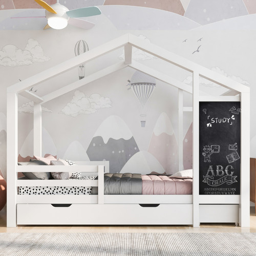 Universal - Lit cabane enfant 90x200 cm, avec tableau noir, 2 tiroirs, sommier à lattes, antichute, pin massif - Blanc Universal  - Lit enfant