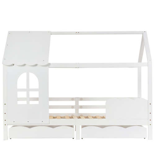 Lit enfant Lit cabane enfant 90x200 cm avec 2 tiroirs, fenêtre, sommier à lattes en pin, protection antichute - Blanc
