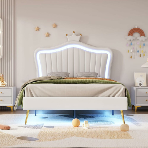 Universal Lit capitonné pour enfant - Cadre de lit pour fille - Cadre de lit double en cuir synthétique blanc - Sommier à lattes et dossier(90 x 200 cm)