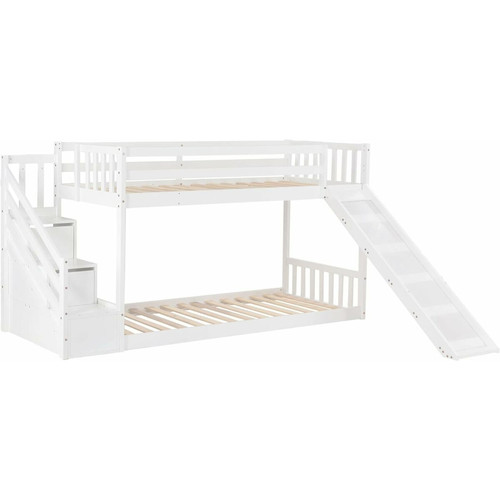 Lit enfant Lit superposé 90 x 200 cm avec escalier et toboggan, cadre en bois de pin massif, lit pour enfant avec 3 tiroirs dans l'escalier (blanc)