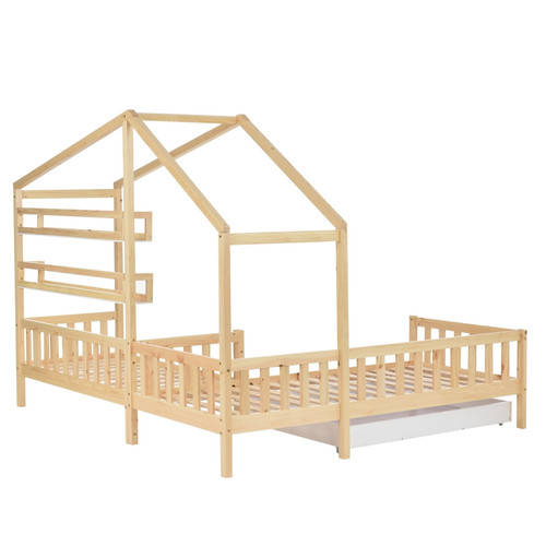 Universal Lit cabane enfant 90 x 200 cm + 70 x 140 cm - avec tiroirs, étagères, sommier à lattes, cadre en L, en pin - Naturel