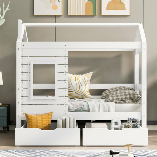 Universal Lit cabane,lit enfant, lit simple, 80x160 cm, avec fenêtre, avec anti-chute et sommier à lattes, blanc