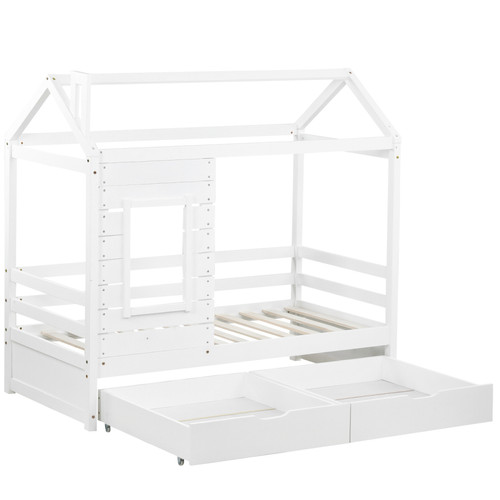 Lit enfant Lit cabane,lit enfant, lit simple, 80x160 cm, avec fenêtre, avec anti-chute et sommier à lattes, blanc