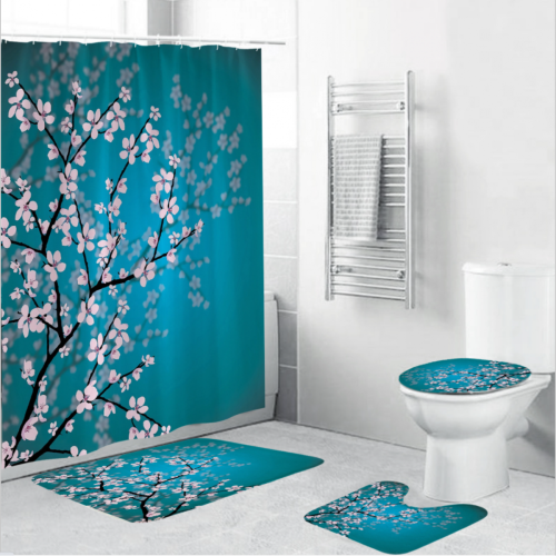 Universal - 4pcs cerisier tissu imprimé rideau de douche toilette rideau set fleur tapis antidérapant tapis toilette couvercle set de serviettes de bain | Universal   - Salle de bain, toilettes Bleu foncé