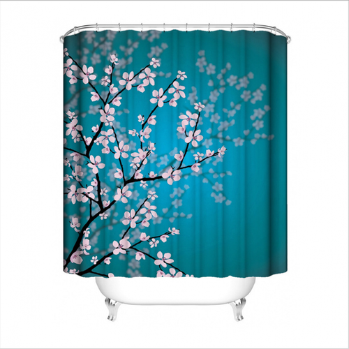 Rideaux douche 4pcs cerisier tissu imprimé rideau de douche toilette rideau set fleur tapis antidérapant tapis toilette couvercle set de serviettes de bain |(Bleu)