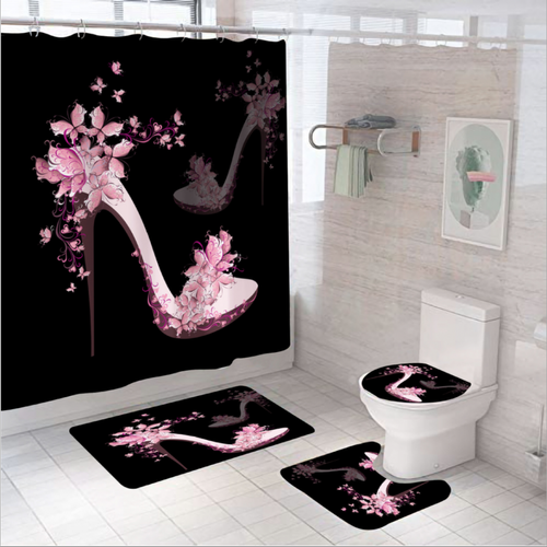 Universal - 4PCS Set de rideaux de salle de bains rose talon haut Set de tapis de douche Noir non coulissant Sièges Tapis WC |(Le noir) - Rideaux douche