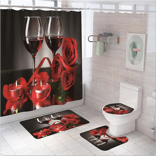 Universal - 4pcs vin rouge rose imprimé rideaux de salle de bain tissu de décoration pour la saint valentin rideau de douche Universal  - Rideau de douche rose