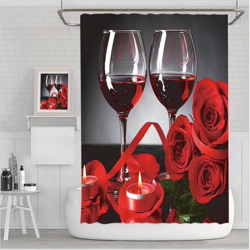 Universal 4pcs vin rouge rose imprimé rideaux de salle de bains st. valentin décoration tissu rideaux de douche couvercle de toilette ensemble de serviettes de bain | rideaux de douche
