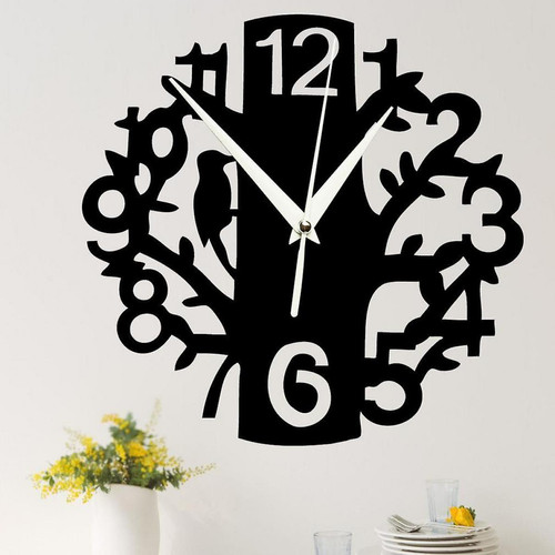 Universal Arbre non tic-tac et oiseau miroir acrylique autocollant idéal horloge murale pour la décoration de la maison noir