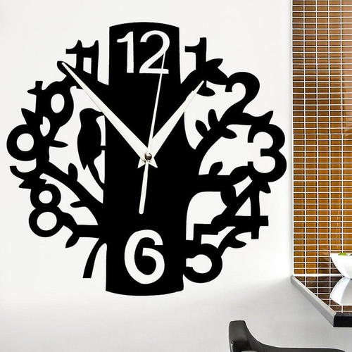 Horloges, pendules Arbre non tic-tac et oiseau miroir acrylique autocollant idéal horloge murale pour la décoration de la maison noir