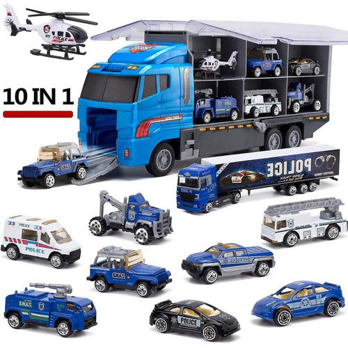 Universal - Camions jouets Véhicules de construction Camions de transport de police 10 en 1 Mini plastique moulé sous pression Jouer Voiture Voiture Jouet Set(Bleu) - Voitures