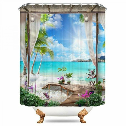 Universal - Ensemble de rideaux de douche imprimés en 3D Sunny Beach Vue sur la mer Écran de bain Rideaux de salle de bain imperméables Tapis de bain Tapis de tapis (120 * 180cm) - Rideaux douche