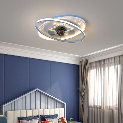 Universal Lampe ventilateur de plafond de 55 cm, 220V éclat tricolore 57W maison chambre à coucher lampe ventilateur de plafond de dessin animé lustre intégré, bleu