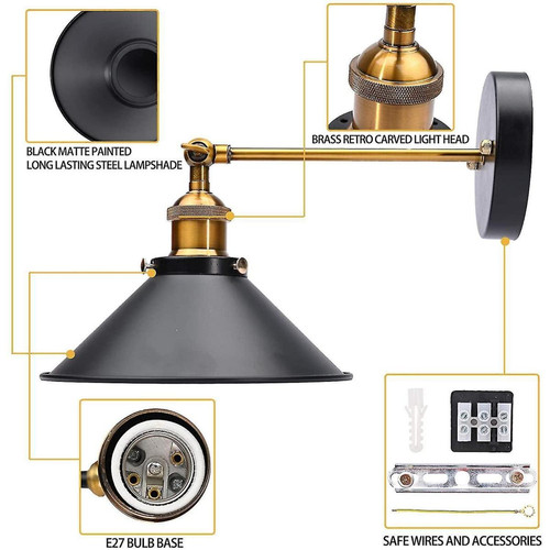 Plafonniers Lampes Appliques industrielles Lampes 2 Packs Balançoire réglable Appliques à bras long Clips E27 Ampoules(Le noir)