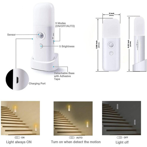 Universal Lumière de nuit avec détecteur de mouvement, rechargeable, portable, avec câble USB, applique sans fil avec interrupteur automatique, placard, placard, cuisine, escalier, chambre à coucher, (blanc)