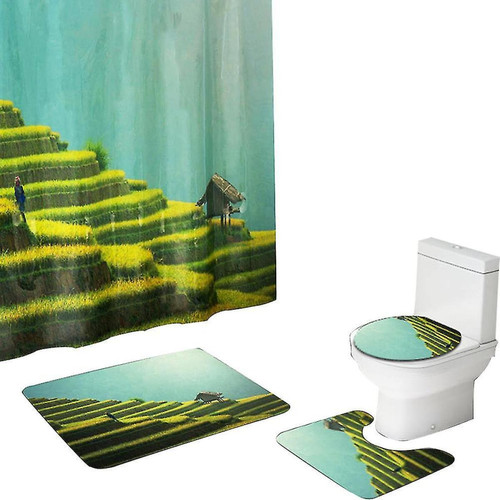 Universal - Paysage style végétal vert salle de bain 4 pièces frais rideau de douche naturel - combinaison de bandes glissantes Universal  - Rideaux douche