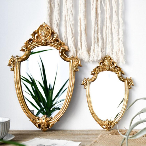 Universal Relief résine miroir décoratif miroir mural rétro miroir suspendu décoration salle de bains miroir de maquillage en forme de bouclier d'or décoration maison | miroir de bain(Or)