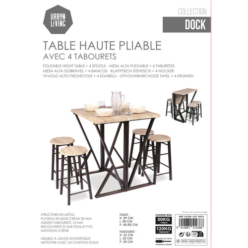 Tables à manger Table haute PLIABLE avec 4 tabourets en bois struture en métal noir table 80x80x89cm tabouret 30x30x55cm+Urban Living