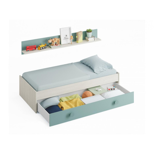 Usinestreet - Lit tiroir CYANN sans sommier L201cm avec étagère murale -  Blanc / Turquoise, Largeur - 90 cm Usinestreet   - Usinestreet