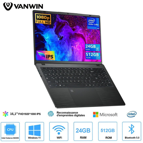 VANWIN - PC portable - 16.1"FHD+ - 24 Go de RAM 512 Go SSD Intel Celeron N5095 (2,0 GHz) - Windows 11 PRO - Rotation à 170°- AZERTY VANWIN  - PC Portable Intel celeron