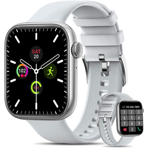 Apple Watch VANWIN Montre Connectée Vanwin P45 Homme Femme Avec Appels Bluetooth, 1,8'' Smartwatch Avec 2 Bracelets/Assistant Vocal/123 Modes Sportifs/Fonction Féminine/Musique/Rythme Cardiaque/Sommeil Android Ios Argent